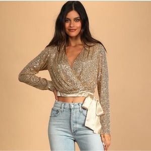 Gold Sequin Faux-Wrap Long Sleeve Crop Top